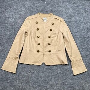 Old Navy Tan Military Jacket Brass Button Distressed Raw Edge Khaki Large